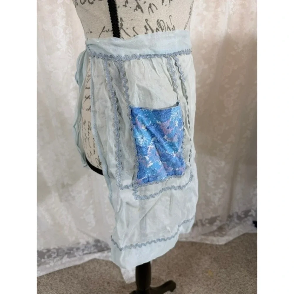 Vintage 40's Handmade Sheer Blue Half Apron Rick Rack Trim Floral Pocket Retro